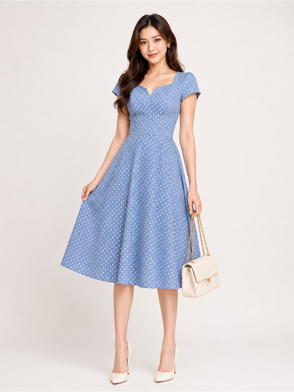 Blue Polka Dot Sweetheart Midi Dress